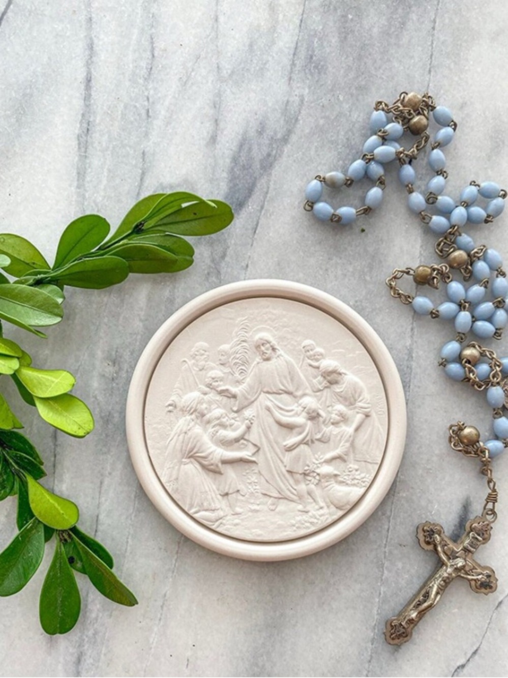 Religious 2.75” Plaster Intaglio , Jesus surrounded with children and a lamb